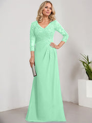 Sheath/Column V-Neck Illusion Floor-Length Lace Chiffon Mother of the Bride Dress With Pleated Sequins
