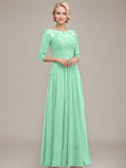 A-line Boat Neck Illusion Floor-Length Chiffon Lace Mother of the Bride Dress With Sequins Beading