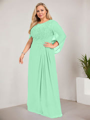 A-line Scoop Illusion Floor-Length Lace Chiffon Mother of the Bride Dress With Sequins Pleated