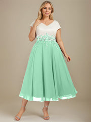 A-line V-Neck Tea-Length Satin Chiffon Mother of the Bride Dress With Appliques Lace