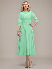 A-line Scoop Illusion Tea-Length Chiffon Lace Mother of the Bride Dress With Sequins Beading