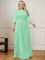 A-line Scoop Floor-Length Lace Chiffon Mother of the Bride Dress With Cascading Ruffles Sequins