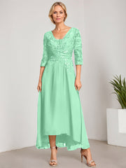 A-line V-Neck Asymmetrical Chiffon Lace Mother of the Bride Dress With Pleated Beading