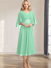 A-line V-Neck Tea-Length Chiffon Mother of the Bride Dress With Pleated Sequins Appliques Lace Beadind