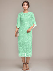 Sheath/Column Scoop Tea-Length Lace Chiffon Mother of the Bride Dress