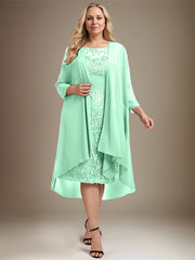 Sheath/Column Scoop Illusion Knee-Length Lace Chiffon Mother of the Bride Dress With Cascading Ruffles Sequins