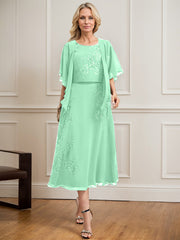 A-line Scoop Tea-Length Lace Chiffon Mother of the Bride Dress With Sequins
