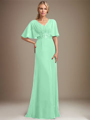 A-line V-Neck Floor-Length Chiffon Mother of the Bride Dress With Sequins Appliques Lace Pleated