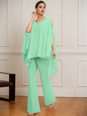 Separates Jumpsuit/Pantsuit V-Neck Floor-Length Chiffon Mother of the Bride Dress With Beading
