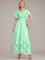 A-line V-Neck Ankle-Length Lace Chiffon Mother of the Bride Dress With Cascading Ruffles