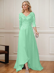 A-Line V-Neck 3/4 Sleeves Chiffon Mother Of The Bride Dresses With Lace