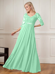 A-Line Floor-Length V-Neck Lace Chiffon Mother of the Bride Dress