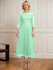 A-line Scoop Illusion Tea-Length Lace Chiffon Mother of the Bride Dress With Sequins Pleated