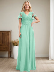 A-line V-Neck Floor-Length Lace Chiffon Mother of the Bride Dress With Sequins