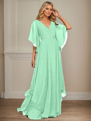 A-line V-Neck Floor-Length Chiffon Mother of the Bride Dress With Sequins Appliques Lace Beading