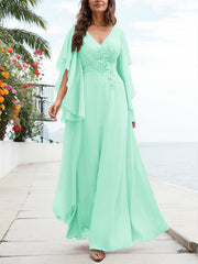 A-Line V-Neck Floor-Length Chiffon Mother Of The Bride Dresses With Appliques Lace