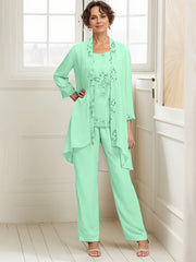 Elegant Appliques 3 Pieces Chiffon Mother of The Bride Jumpsuit with Wrap