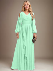 A-line Cold Shoulder V-Neck Floor-Length Chiffon Mother of the Bride Dress With Cascading Ruffles Beading