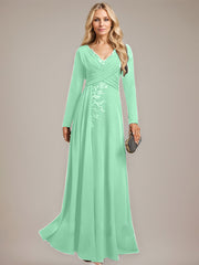 A-line V-Neck Floor-Length Stretch Crepe Evening Dress With Pleated Sequins Appliques Lace