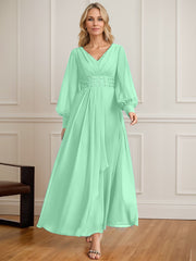 A-line V-Neck Ankle-Length Chiffon Mother of the Bride Dress With Cascading Ruffles Beading Sequins