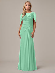 A-Line Floor-Length Boat-Neck Lace Capelet Chiffon Mother of the Bride Dress