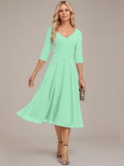 A-line V-Neck Tea-Length Chiffon Mother of the Bride Dress With Pleated