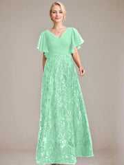 A-line V-Neck Floor-Length Lace Sequin Chiffon Mother of the Bride Dress With Pleated