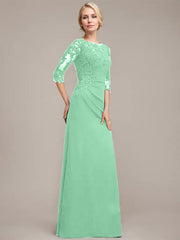 A-line Scoop Floor-Length Chiffon Lace Mother of the Bride Dress With Sequins Beading Pleated