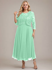 A-line Boat Neck Illusion Tea-Length Lace Chiffon Mother of the Bride Dress With Sequins