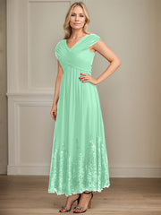 A-line V-Neck Ankle-Length Chiffon Mother of the Bride Dress With Bow Sequins Appliques Lace