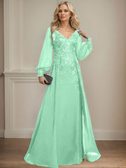 A-Line V-Neck Long Sleeves Floor-Length Chiffon Mother Of The Bride Dresses With Lace