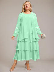 A-line Scoop Tea-Length Chiffon Mother of the Bride Dress With Cascading Ruffles