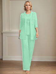 Jumpsuit/Pantsuit Separates Scoop Floor-Length Chiffon Lace Mother of the Bride Dress With Sequins