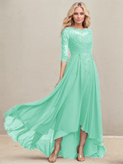 A-line Scoop Illusion Asymmetrical Lace Chiffon Mother of the Bride Dress With Pleated Sequins