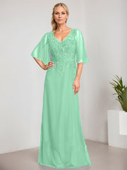 A-line V-Neck Floor-Length Lace Chiffon Mother of the Bride Dress With Sequins Beading