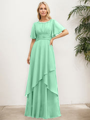 A-line Scoop Floor-Length Chiffon Mother of the Bride Dress With Pleated Sequins Beading