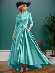 A-Line V-Neck 3/4 Sleeves Satin Mother Of The Bride Dresses With Pockets