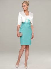 Sheath/Column V-Neck Knee-Length Satin Mother of the Bride Dress With Jacket Appliqued