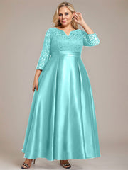 A-line V-Neck Ankle-Length Lace Satin Mother of the Bride Dress With Rhinestone
