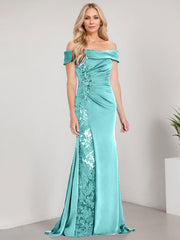 A-Line Off the Shoulder Floor-Length Chiffon Mother of the Bride Dress Applique Beadings Mermaid Dress With  High Split