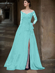 A-Line Off-The-Shoulder 3/4 Sleeves Sweep Train Lace/Satin Mother Of The Bride Dresses With Split Front