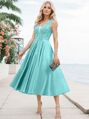 A-Line V-Neck Sleeveless Tea-Length Satin Mother Of The Bride Dresses With Lace