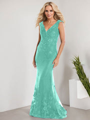 A-line V-Neck Floor-Length Lace Chiffon Mother of the Bride Dress With Applique Sequins Mermaid Dresses