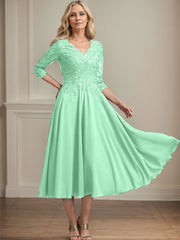 A-line V-Neck Tea-Length Chiffon Lace Mother of the Bride Dress With Beading Sequins