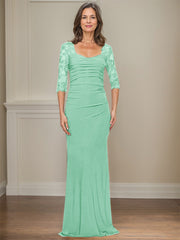 Sheath/Column Square Neckline 3/4 Sleeves Floor-Length Jersey Mother Of The Bride Dresses With Lace