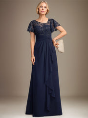 A-line Asymmetrical Illusion Floor-Length Lace Chiffon Mother of the Bride Dress With Cascading Ruffles Sequins