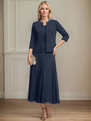 Separates A-line Scoop Tea-Length Chiffon Mother of the Bride Dress With Sequins Beading