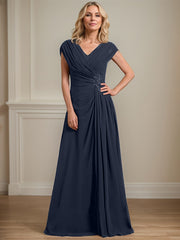 A-line V-Neck Floor-Length Chiffon Mother of the Bride Dress With Pleated Sequins Beading