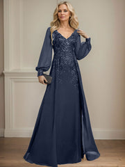 A-Line V-Neck Long Sleeves Floor-Length Chiffon Mother Of The Bride Dresses With Lace