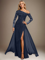 Trumpet/Mermaid Asymmetrical Illusion Floor-Length Lace Chiffon Evening Dress With Sequins